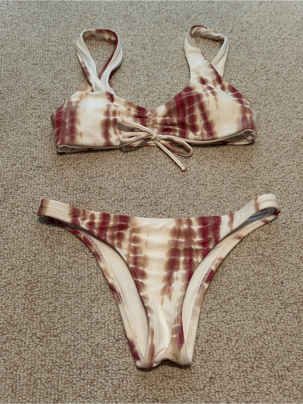 Tie-Dye Two-Piece Bikini Set in Cream and Maroon